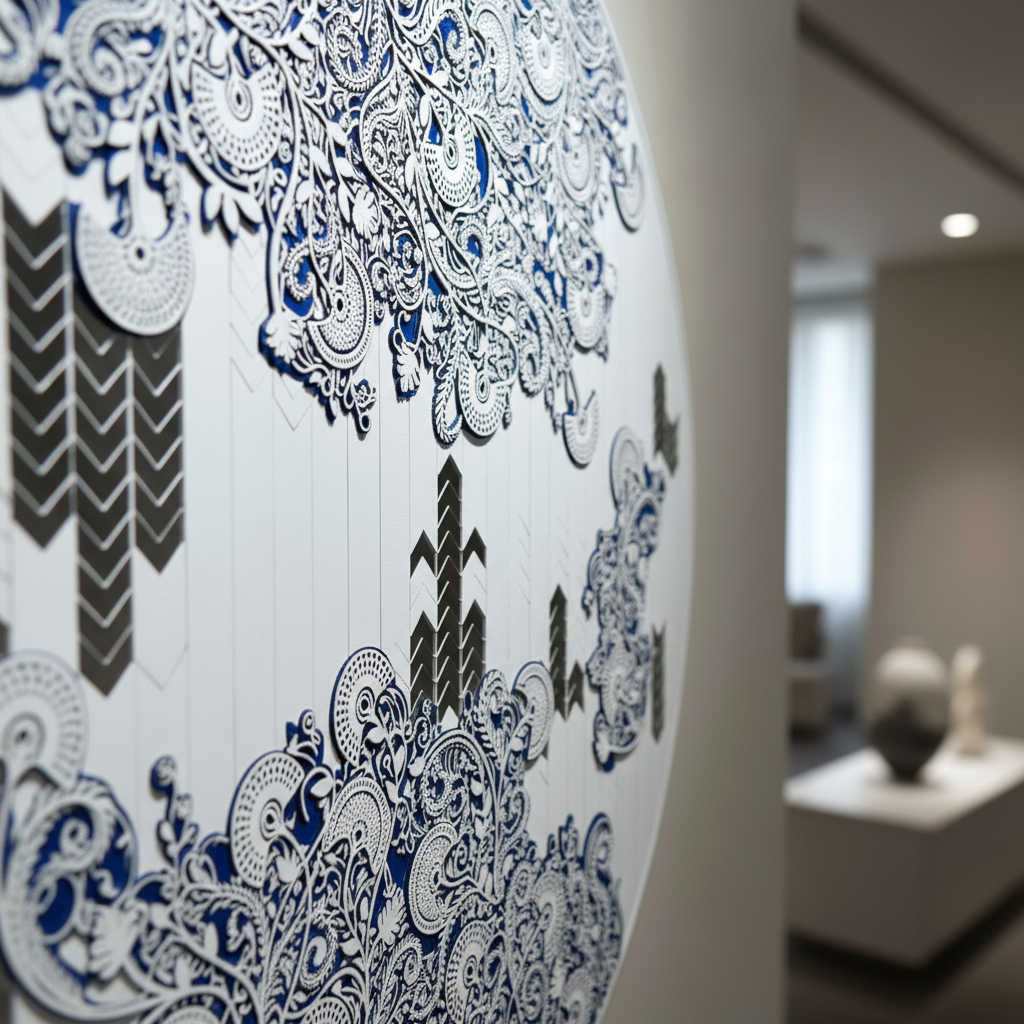Decorative wall art with intricate blue and black patterns in a modern room.
